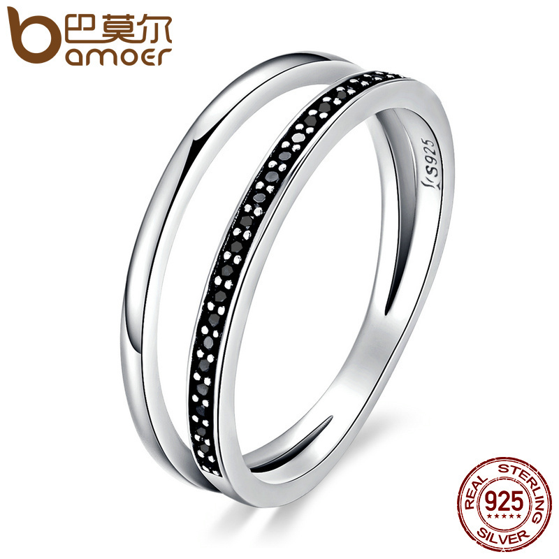 BAMOER Genuine 925 Sterling Silver Double Circle Black Clear CZ Stackable Finger Ring for Women Fine Silver Jewelry Gift SCR082 C18110801