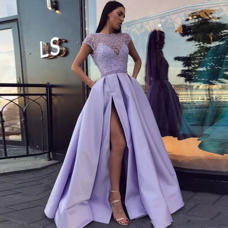 

Light Purple Satin Beaded Evening Dresses Bateau Neck Cap Sleeves High Split Floor Length Ball Gown Prom Dresses Formal Gowns, Gray