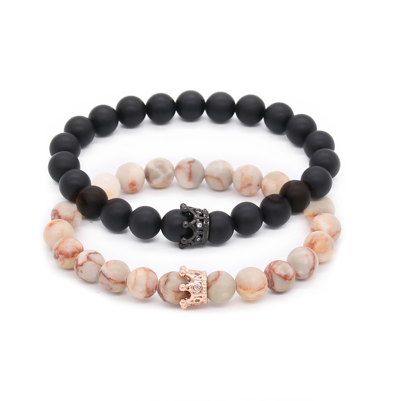 

His And Hers Bracelets Distance Black Matte & White Beads Cz Crown King Charm Stone Bracelet Lovers