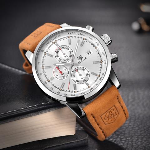 

Sports outdoor three eyes men watch strap watch male quartz watch classic personality of fashion and leisure, Brown