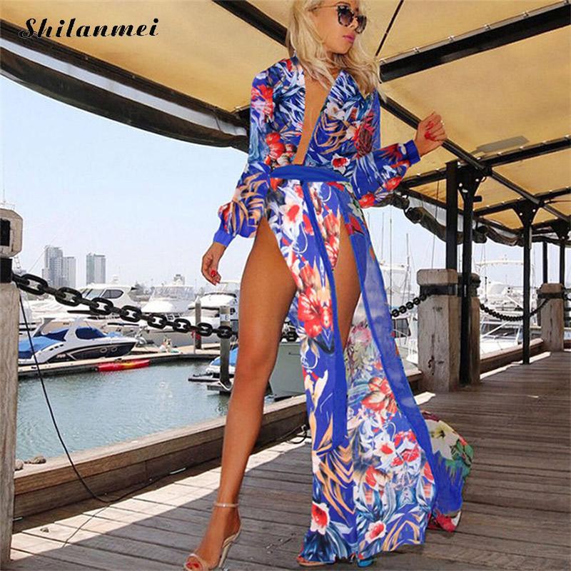

Bohemian summer beach dress sexy v neck print maxi dress for women jurkjes chiffon long cardigan wrap dresses sundress wear xxl, As pic