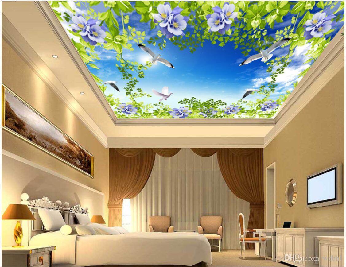 

3d ceiling murals wallpaper custom mural Beautiful dreamy fresh flowers pigeons ceiling zenith mural template, Sky blue