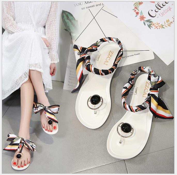 

2018 New Jelly Ribbon Bow Ms. Toe Sandals Flat Heel Sandals Sandals, Black