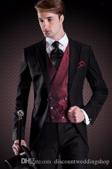 

Top Design Groom Tuxedos One Button Black Peak Lapel Groomsmen Best Man Suit Wedding Mens Suits (Jacket+Pants+Vest+Tie) J405, Same as image