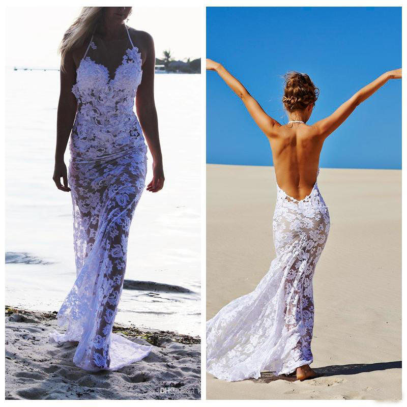 

2019 Sexy See Through Full Lace Wedding Gowns Summer Beach Spaghetti Halter Backless Bridal Party Dress Bohemain Style, Pink