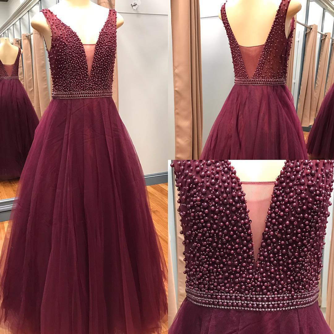 

Dark Red Backless Evening Dress Cheap long 2018 Deep V neck With Pearls Tulle A line Pleated Girls Formal Dress Red Carpet Designer, Dark green