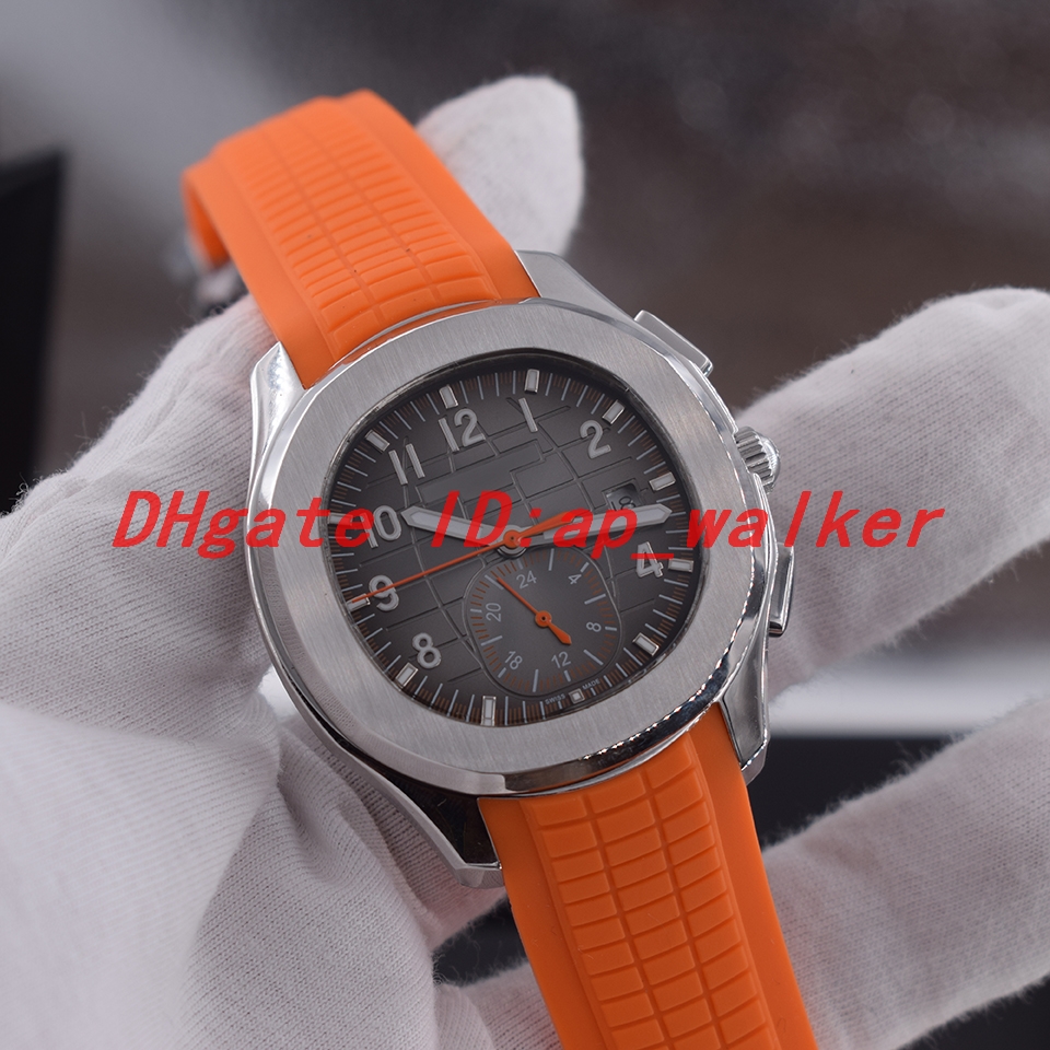 

NEW Automatic Mechanical Mens Watch Steel case grey dial Orange rubber strap Gents Watches Transparent Back AQUANAUT PP 5968A-001