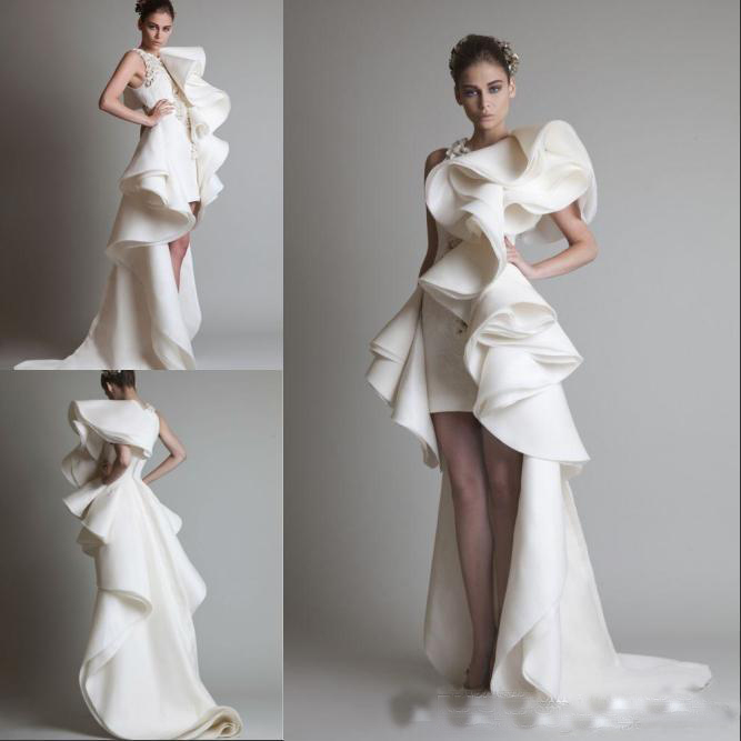

2018 Hot Design Evening Dresses With One Shoulder Appliques Ruffles Sheath Hi-Lo Organza New Customed Long Prom Dress, Daffodil