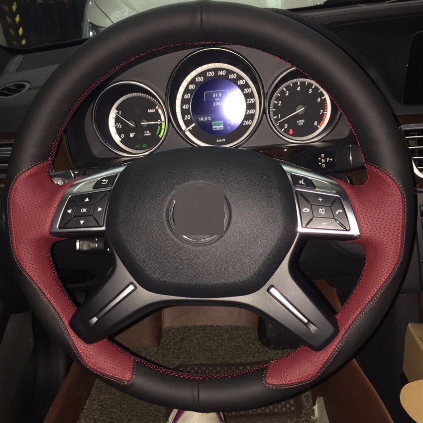 Wine Red Black Leather DIY Hand-stitched Car Steering Wheel Cover for Mercedes- Benz GL350 ML350-image-429684261