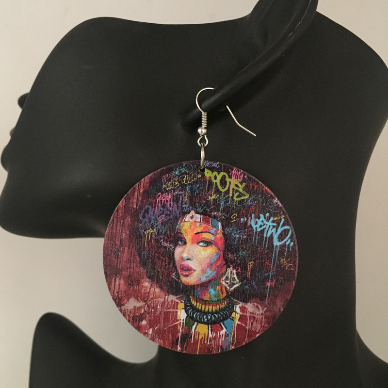 

5pairs/lot Printing African American Woman Wooden Earrings, Silver