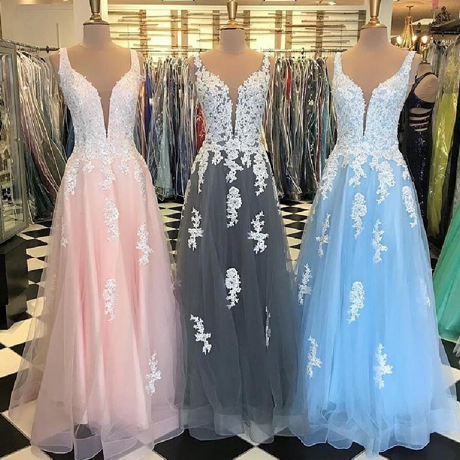 

Prom Dress Ball Gown Soft Tulle with Applique Shining Sequins Beads Zipper Back Floor Length Evening Dresses, Light sky blue