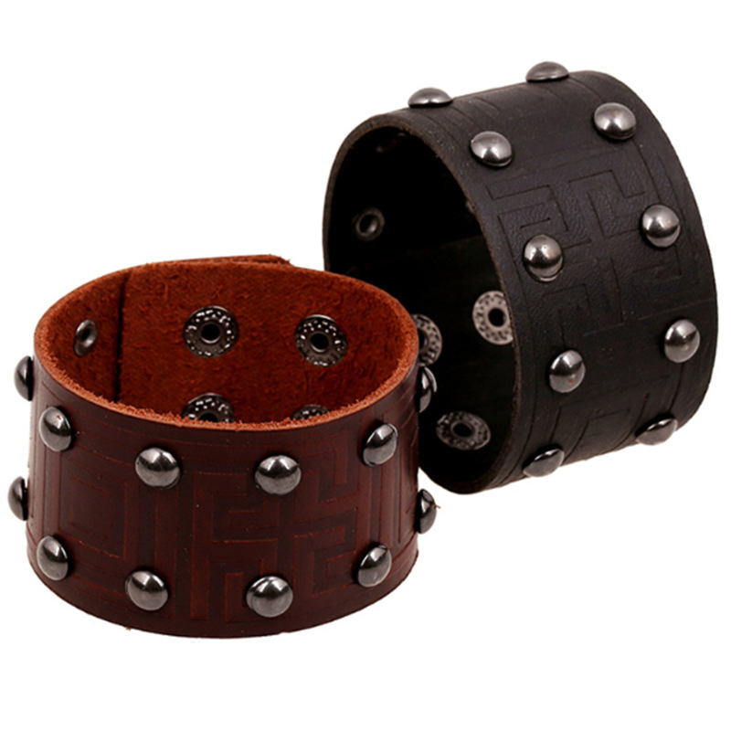 

New Fashion Alloy Button Rivets Leather Bracelet Black & Brown Punk Square Pattern Wide Wristband Jewelry Accessories Boys Gifts Wholesale