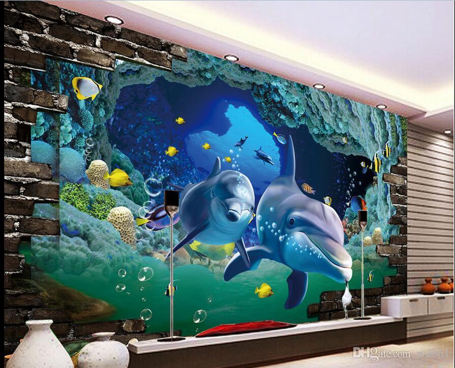 

3d wallpaper custom photo Non-woven mural Brick Wall Underwater World Dolphin decor painting picture 3d wall muals wall paper for walls 3 d, Pictures show