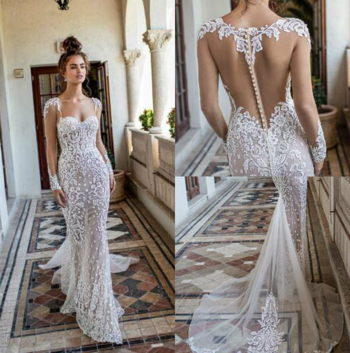 

Berta Spring 2019 Mermaid Lace Wedding Dresses Sweetheart Long Sleeve Bridal Gowns vestido de novia Beach Plus Size Wedding Dress, Silver