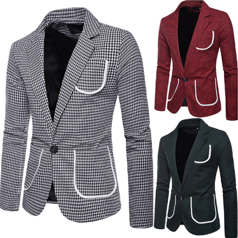 

Stylish Men Casual Slim Fit Formal One Button Suit Plaid Pocket Blazer Coat Jacket Tops Clothing, Black