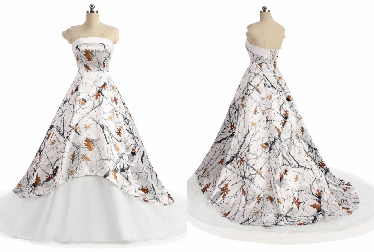 

White Camo Wedding Dress Cheap 2022 New Strapless Simple Designer A line Zipper Back Court Train Bridal Gown New, Gold