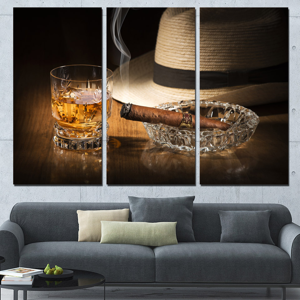 

3 Panels Canvas Art Wine Ciger Cowboy Hat Home Decor Wall Art Painting Canvas Prints Pictures for Living Room Poster