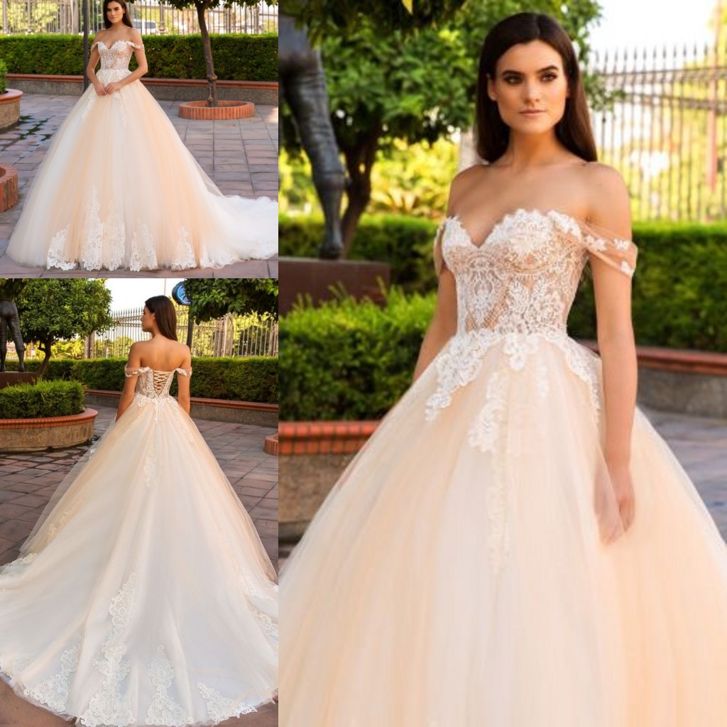 

Elegant A-Line Wedding Dresses Off Shoulder Lace Appliques Sexy Lace-up Back Bridal Dresses Charming Gowns, Gold