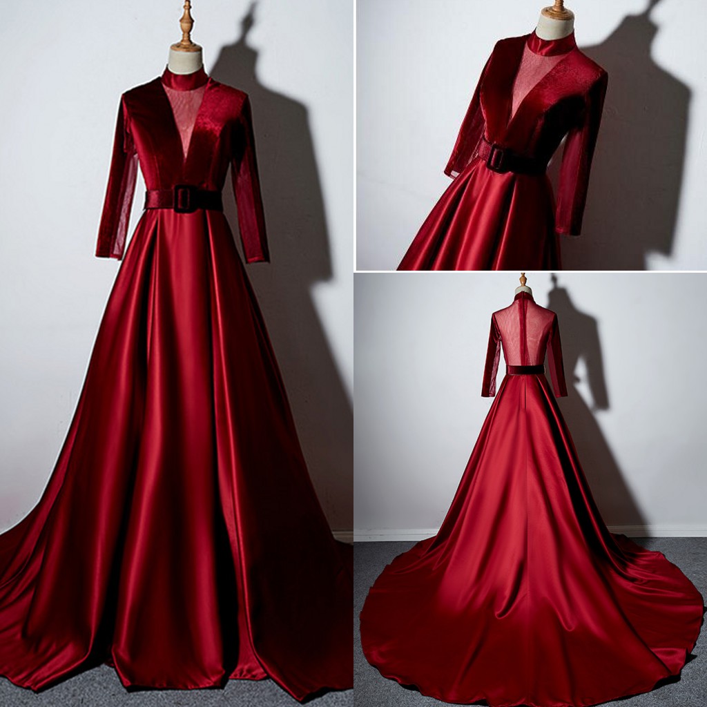 

Arrival Burgundy Dresses High Neck Long Sleeves Lace Evening Formal Party Gowns Sexy Sheer Illusion Prom Dress, Lavender