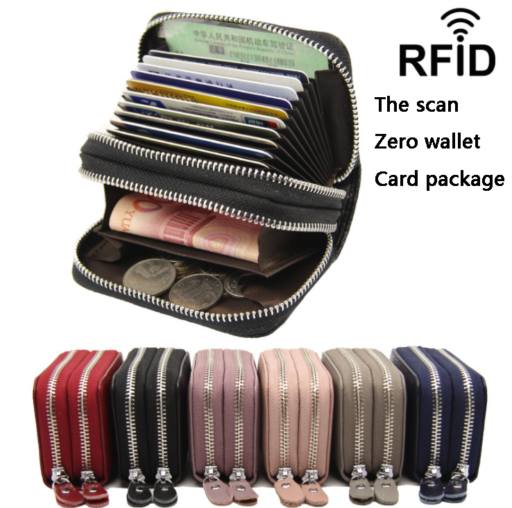 

Top layer leather RFID anti-scanning genuine leather organ card bag double zipper for men and women general neutral zero wallet, Brown;gray