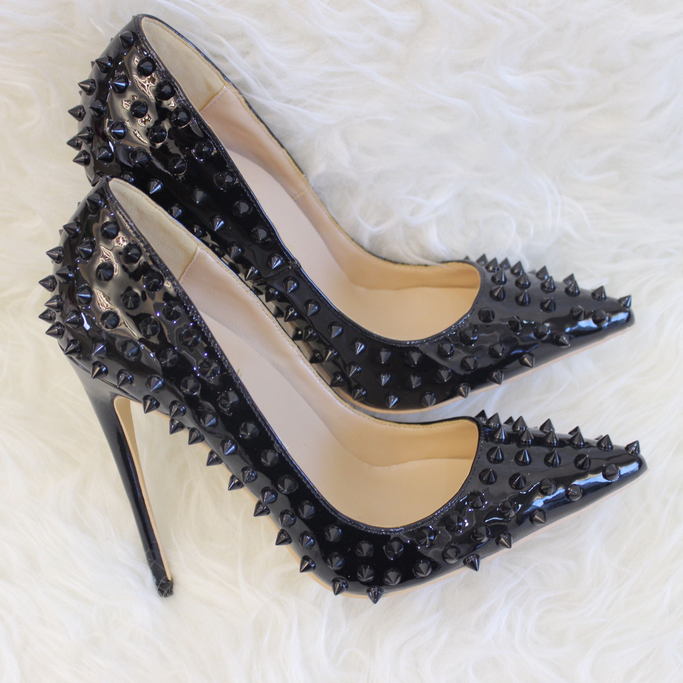 

Free shipping fashion women pumps Black patent leather spikes point toe high heels thin heel shoes sexy lady genuine leather 120mm 100mm, Black 12cm