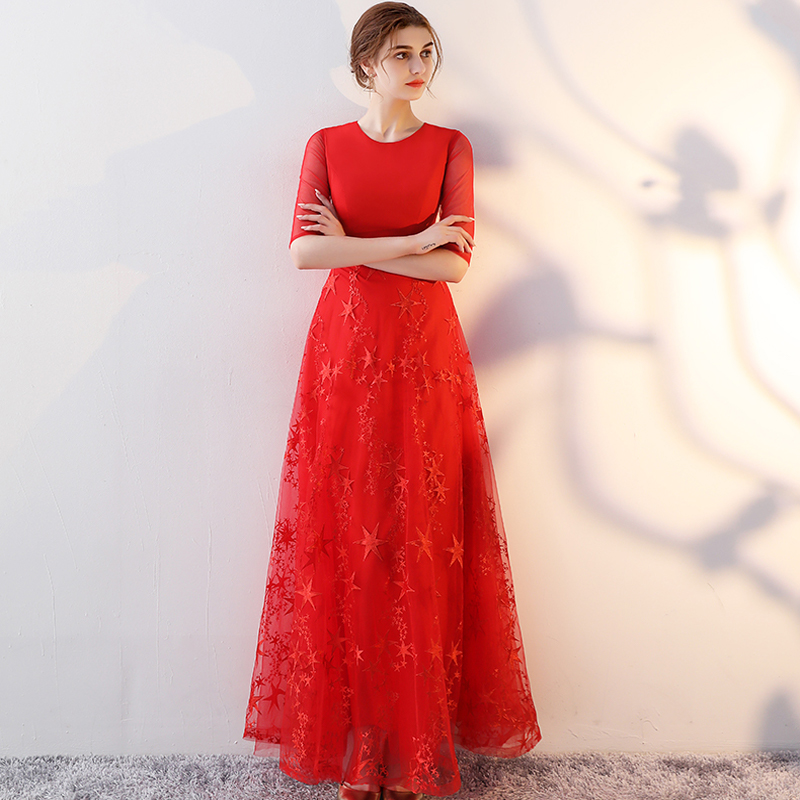 

New arrival elegant lace dress evening dresses prom party zipper half sleeves normal long Classic scoop neck Pattern style, Red