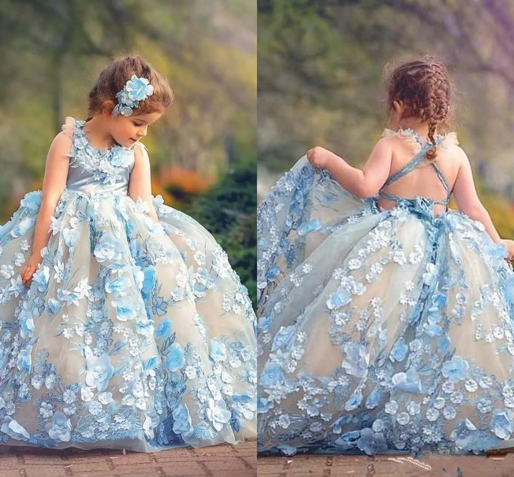 

Sky Blue Ball Gown Girls Pageant Dresses With 3D Appliques Sexy Back Cross Criss Straps Flower Girl Dresses Princess Kids Party Gown, Fuchsia