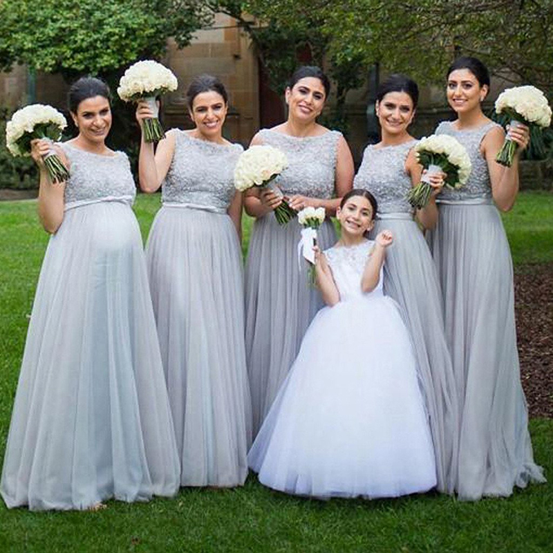 

Maternity Bridesmaid Dresses Silver Tulle Elegant Long Wedding Party Maid Of The Honor Dresses for Pregnant Girls MB013