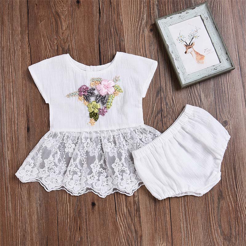 

2018 New Summer Baby Girls Sets Flower Princess Dress INS Fashion Lace Tutu Dress + PP Short Pant 2Pcs Set 0-2Years, White