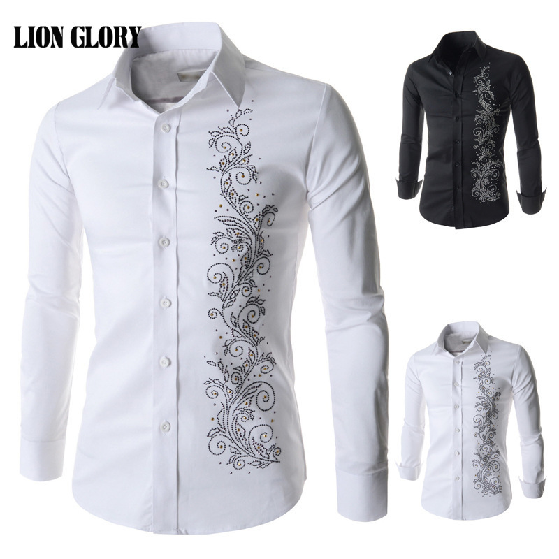 

Fashion Evening Men Dress Shirt Casual Long-sleeved Shirt Men's Slim Fashion Printing Diamond Decoration Men Dress MY257, White
