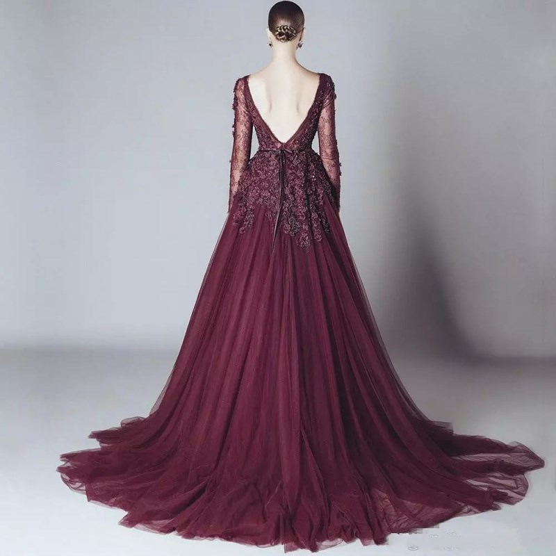 Elegant Lace Formal Burgundy Celebrity Prom Dresses Backless V Neck Long Sleeves 2018 Elie Saab Evening Dress Arabic Party Gowns