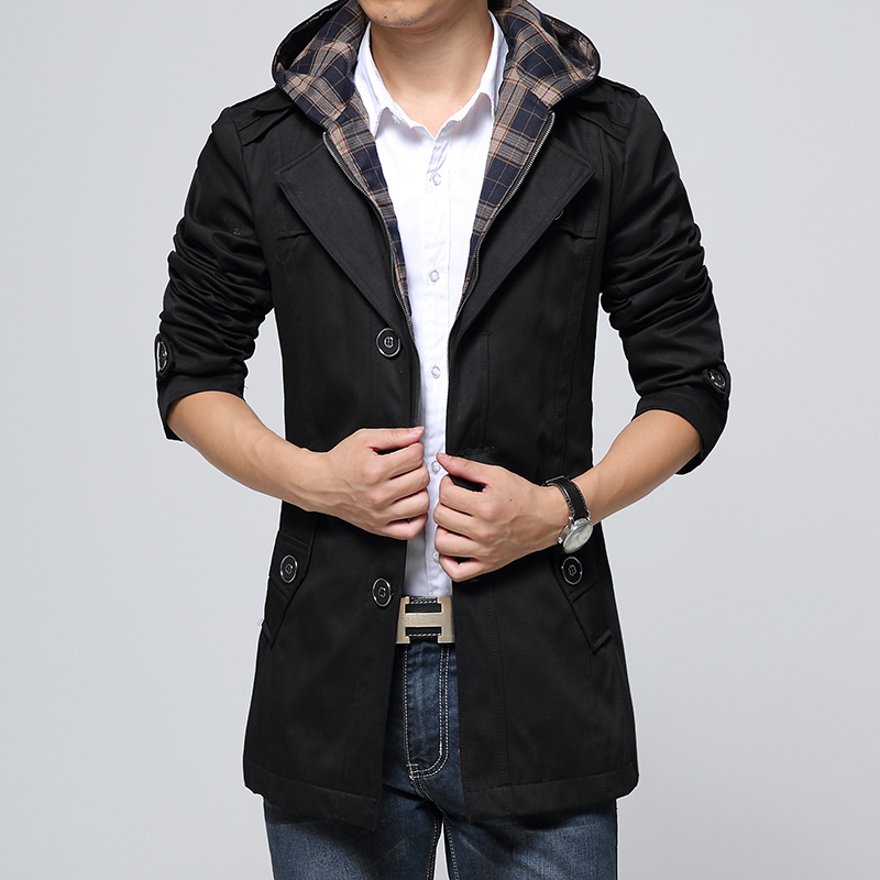 

Wholesale- Fashion Brand Long Trench Coat Men 2017 Winte Hat Detachable Hooded Windbreaker Male Casual Cotton Solid Jacket 4XL, Black