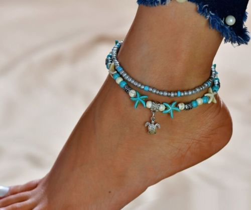 

20pcs/lot Silver Chain Shell Starfish Charms Ankle Anklet Bracelet Barefoot Sandal Beach Foot, Red;blue
