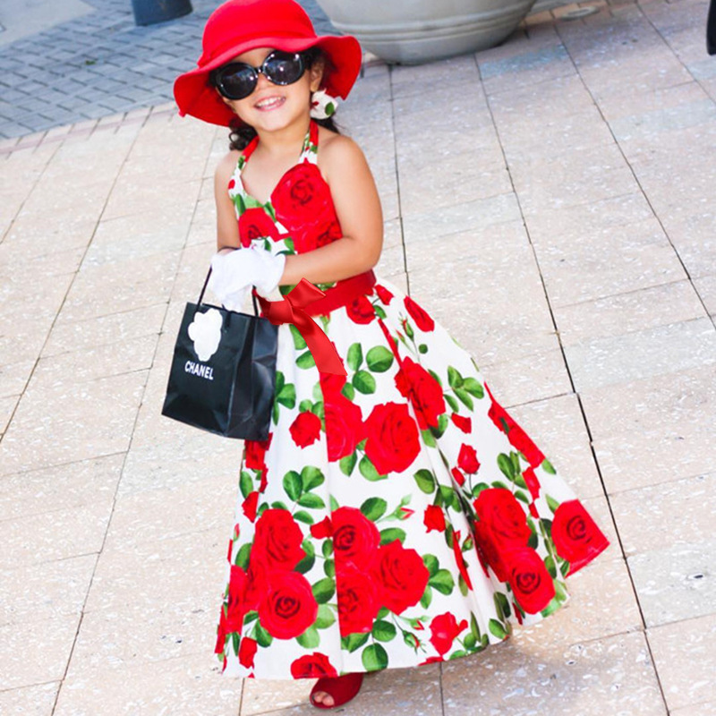 

Baby Girls Dress Princess Wedding Dress Brand Summer Beach Style Floral Print Party Backless Dresses for Girls Vintage Toddler Girl Clothing, Red