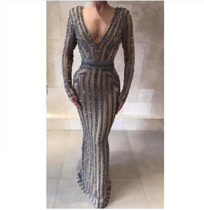 

Evening dress Yousef aljasmi Kim kardashian Long sleeve V-Neck Beaded Sheath Less Almoda gianninaazar ZuhLair murad Ziadnakad 0028, Same with picture