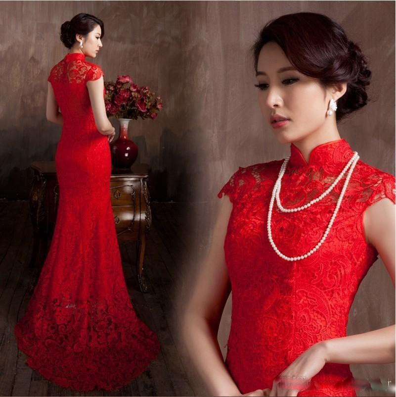 

Free shipping Vintage Mermaid Lace Material Red Evening dresses Luxury Chinese Traditional Prom Party Gowns custom made, Coral