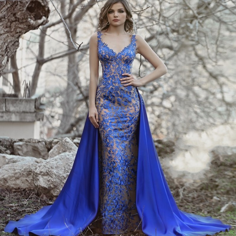 

Royal Blue Mermaid Prom Dresses With Overskirt V-Neck Beads Lace Applique Backless Evening Dresses Sexy See Through 2018 Prom Dresses, Chocolate
