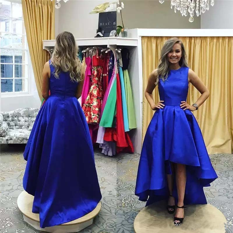 

Royal Blue High Low Prom Dresses 2021 Jewel Neck Satin Sweep Train Formal Evening Party Gowns, Pink