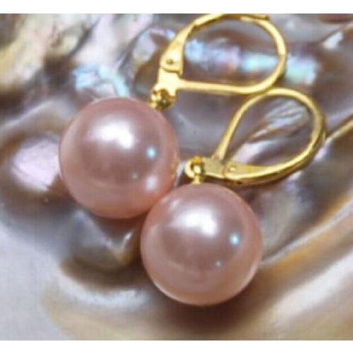 Huge Beautiful Round South Sea Purple pink Shell Pearl Hoop Earrings 14K GP gold