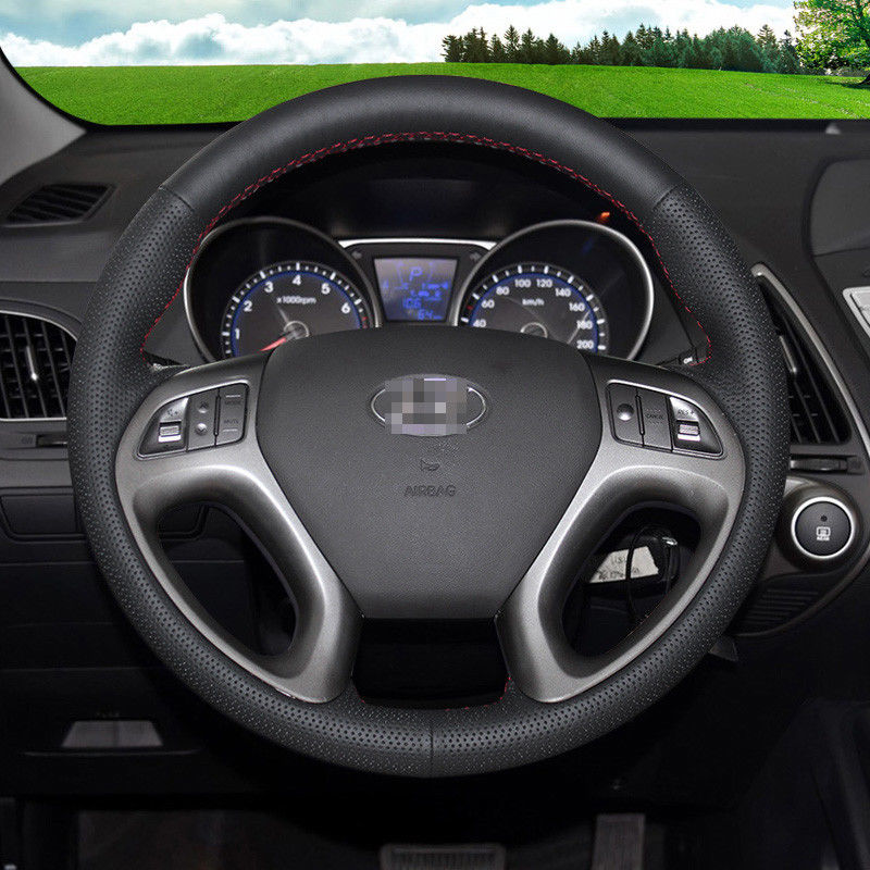 For Hyubdai IX35 Car DIY Hand Sewing Steering Wheel Cover Black Top leather-image-430053736
