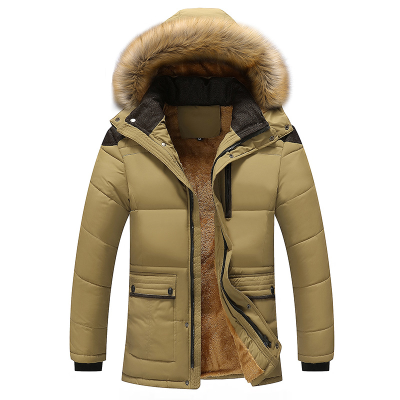 

Men parka Winter Down Jackets Thick Fleece Fur Collar Hooded Men's Coats Casual Jacket Male Outerwear Windproof 5XL 2018 New, Khaki