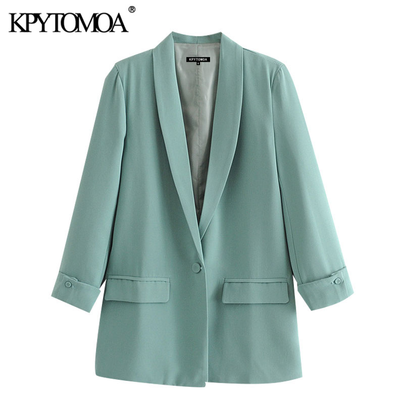 

KPYTOMOA Women 2020 Fashion Office Wear Single Button Blazers Coat Vintage Long Sleeve Pockets Female Outerwear Chic Tops, Black