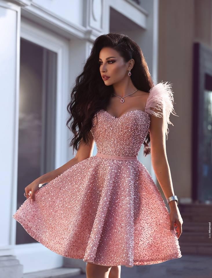 

Luxury Pearls Pink Short Prom Dresses Arabic Dubai Style A Line Sweetheart Knee Length Cocktail Party Dress Evening Gowns, Lavender