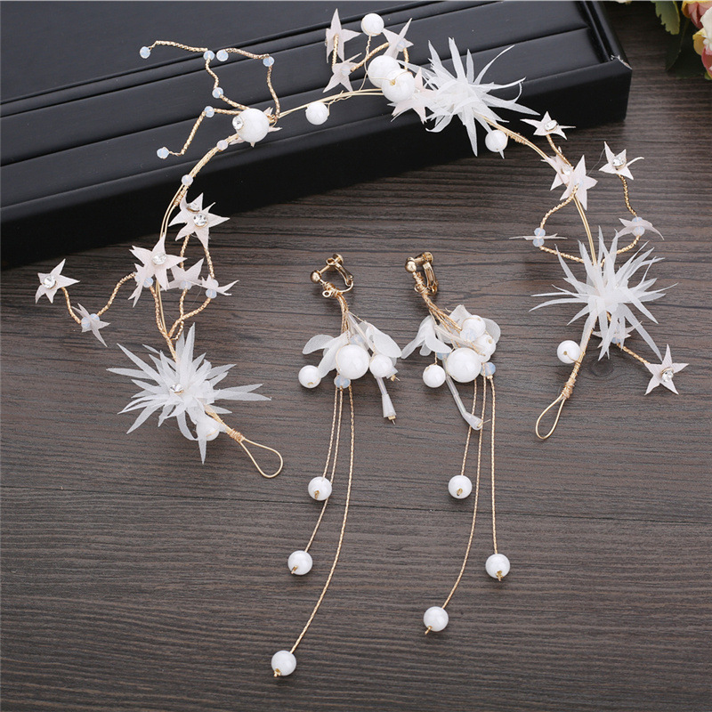 

Bride Headwear Japan And South Korea Exceed Immortal Five-pointed Star Hair Hoop White Manual A String Of Beads Flower Hair Decorate Marry