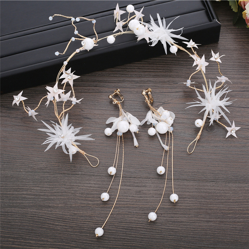 

Bride Headwear Japan And South Korea Exceed Immortal Five-pointed Star Hair Hoop White Manual A String Of Beads Flower Hair Decorate Marry