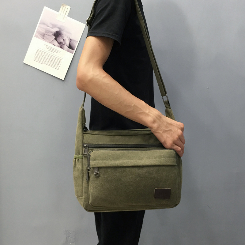 

2019 New All Matching Korean Style Of Men's Canvas Bag Shoulder Messenger Bag Multifunctional Casual Student School Bag, Army green