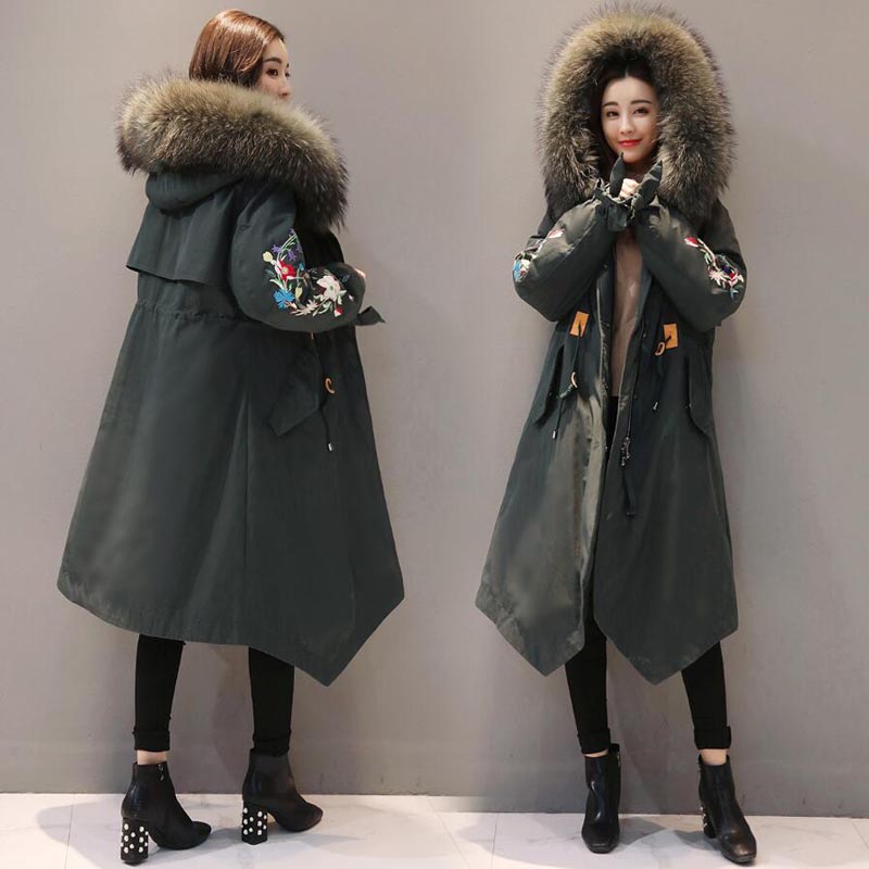 

2019 New Thick Large Fur Collar Hooded Down Jacket Warm Loose Female Embroidery Women Coat Winter Jacket Women Parkas, Black