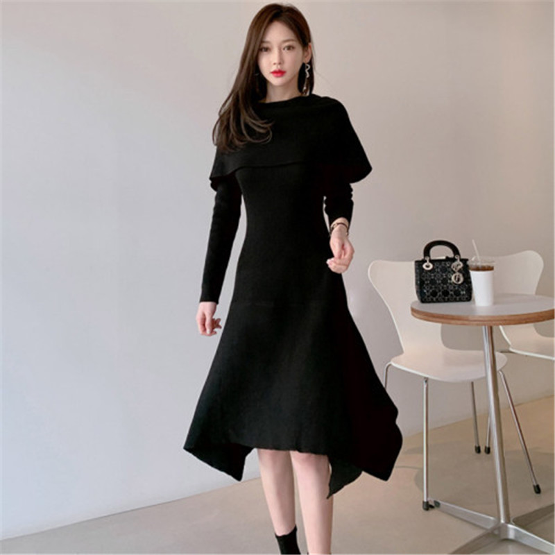 

Korean Style Sexy One Word Neckline Slim Ruffle knitted Dress Sweater Dress Woman Chic Irregular Special Occasion Party Dresses, Picture color