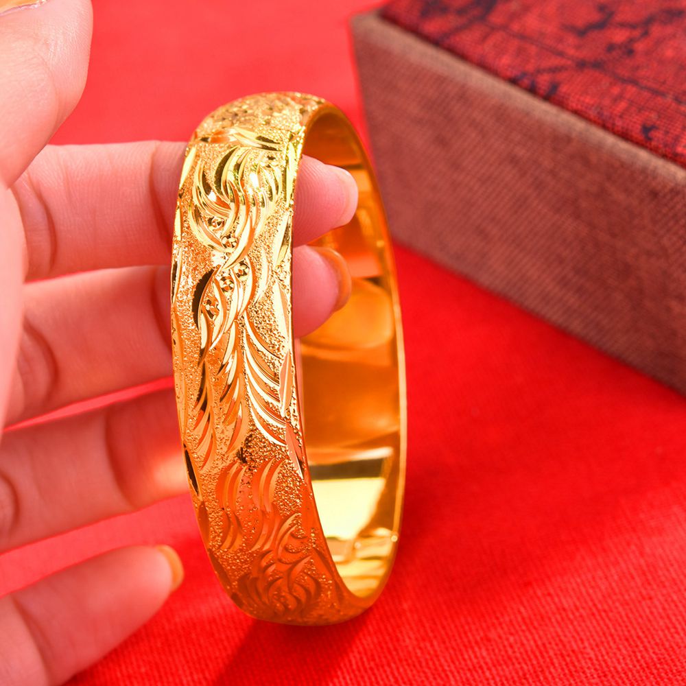 Thick Dubai Bangle 18K Yellow Gold Filled Wedding Womens Phoenix Carved Fashion Bracelet Solid Jewelry Gift-image-493746341