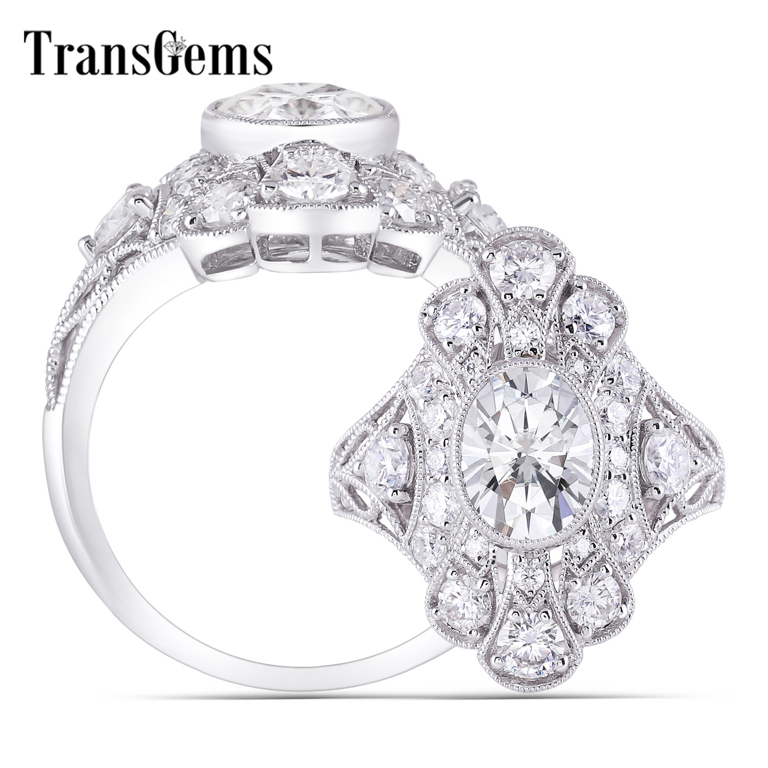 

TransGems 14K 585 White Gold Center 79mm 2ct Oval GH Color Engagement Rings with Accents for Women Anniversary Gifts S200110